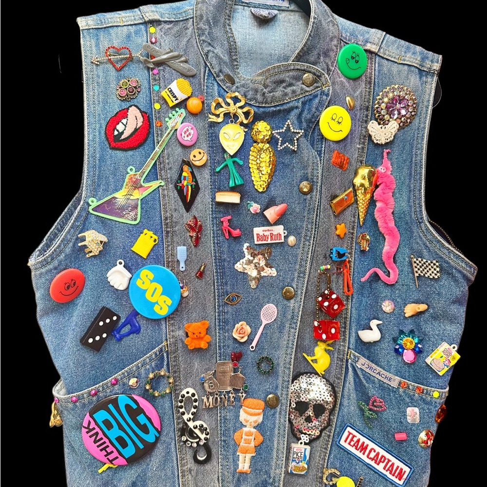 Vintage Jordache Denim Vest OOAK with Brooches, Pins, and Toys